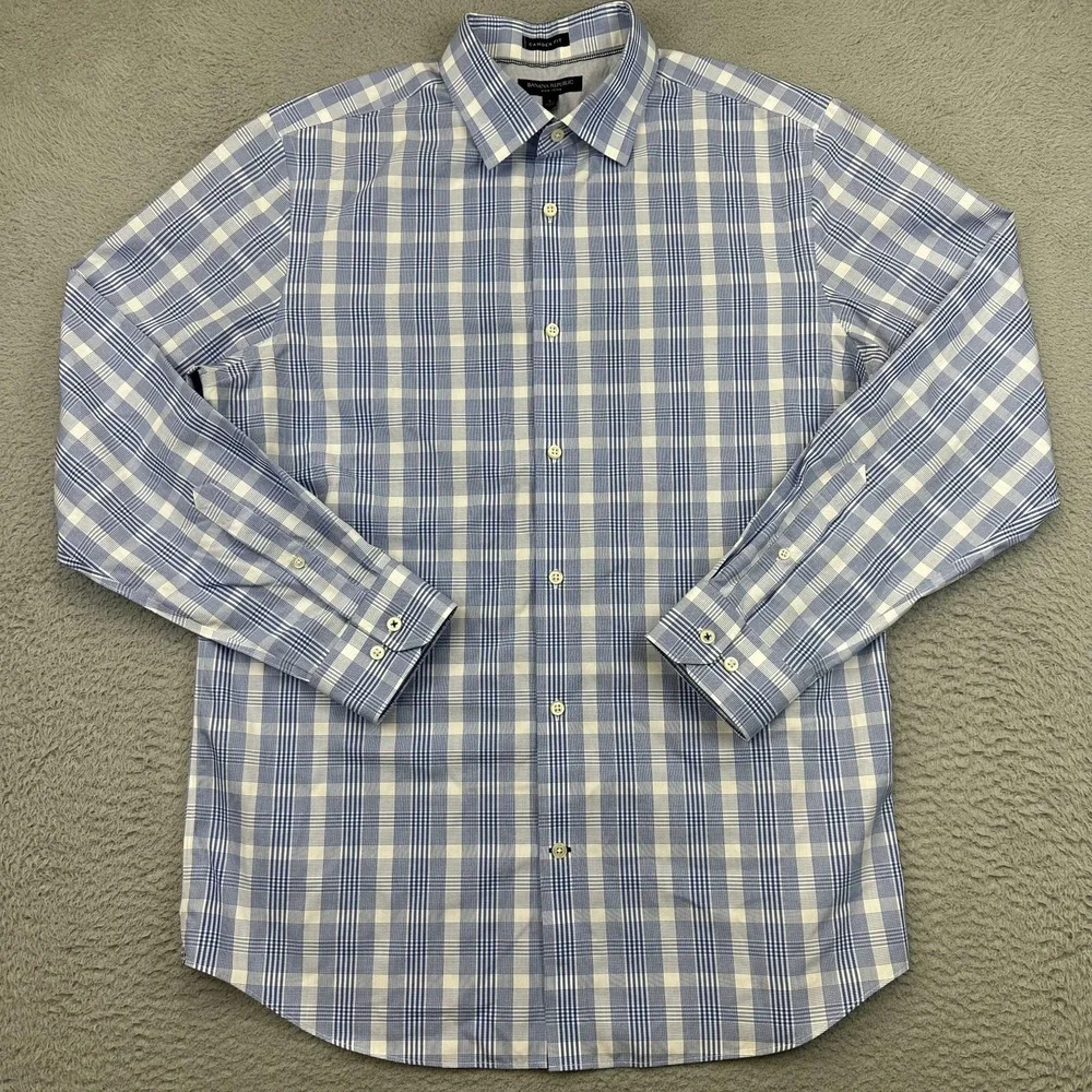 Banana Republic Shirt Mens Large Blue Plaid Camden Fit Non-Iron Long‎ Sleeve